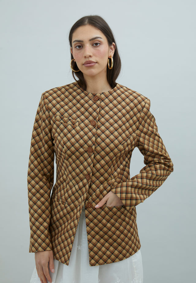 CHECK COLLARLESS BLAZER